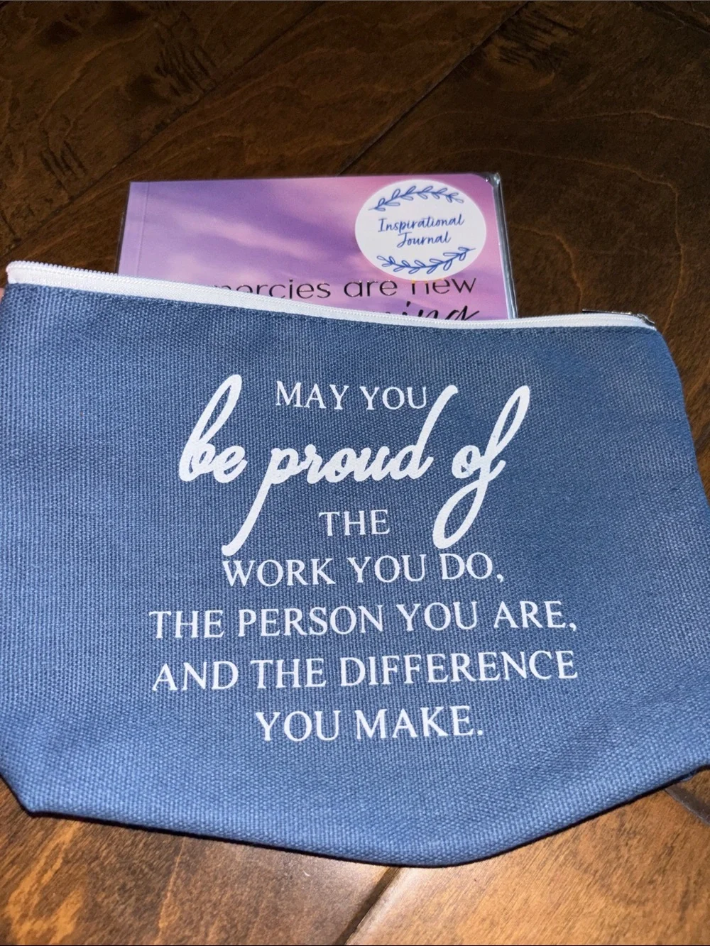 Inspirational Gift Set - Lavender Journal & Blue Motivational Pouch& Mirror
